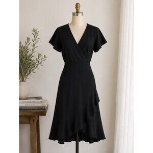 Express Black Wrap Ruffle Hem Dress XS Flutter Sleeve Cocktail Wedding Guest LBD